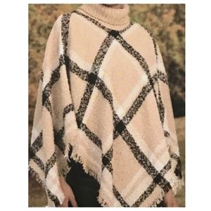 Serra Plaid Woven Poncho Turtleneck Tan Black White